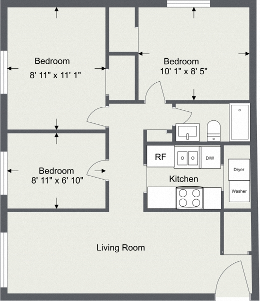 Floor plan layout diagram for 3 Bedroom 1 Bath (860sqft)
